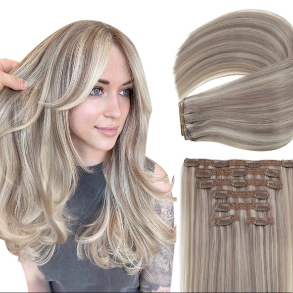 Other - 100% human hair 24” Viking blonde clip in extensions straight 140g 7 Pc #P19A/60